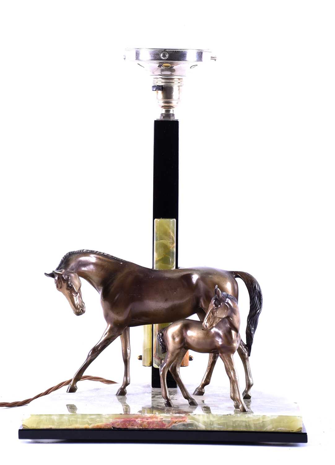 An Art Deco style equestrian-themed table lamp, modelled with a spelter mare and foal on a green - Image 2 of 4