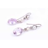 A pair of 18ct white gold, diamond, pearl, and pink tourmaline drop earrings, bezel set with a mixed