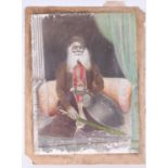 A photographic and hand coloured picture of a seated Shah, resting with his talwar and dhal before a