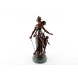 After Auguste Moreau: a painted spelter figure, signed marks, raised on a turned verde marble
