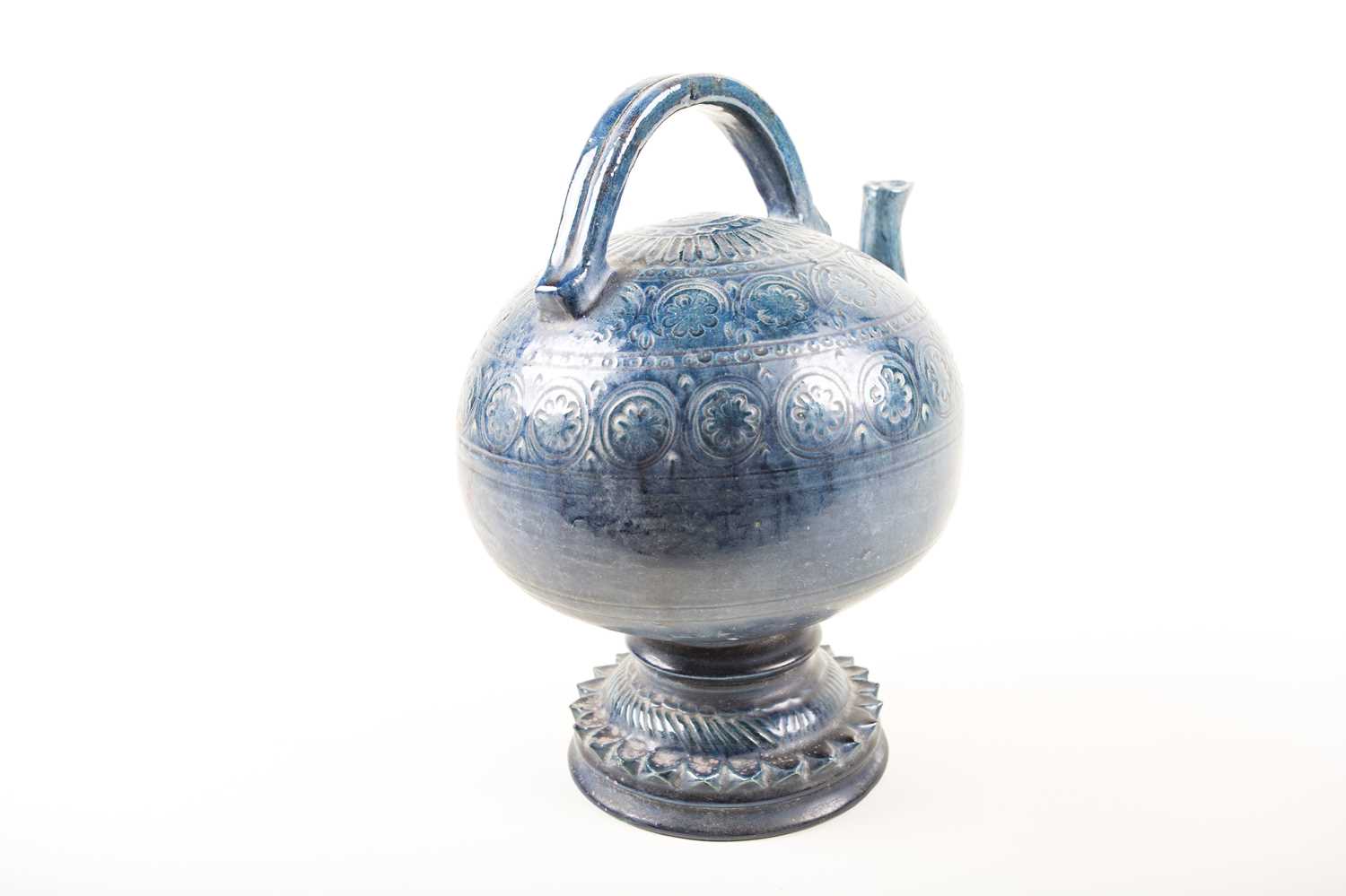 An unusual European pottery cadogan teapot, late 19th century, in a deep blue glaze with repeating - Image 4 of 4