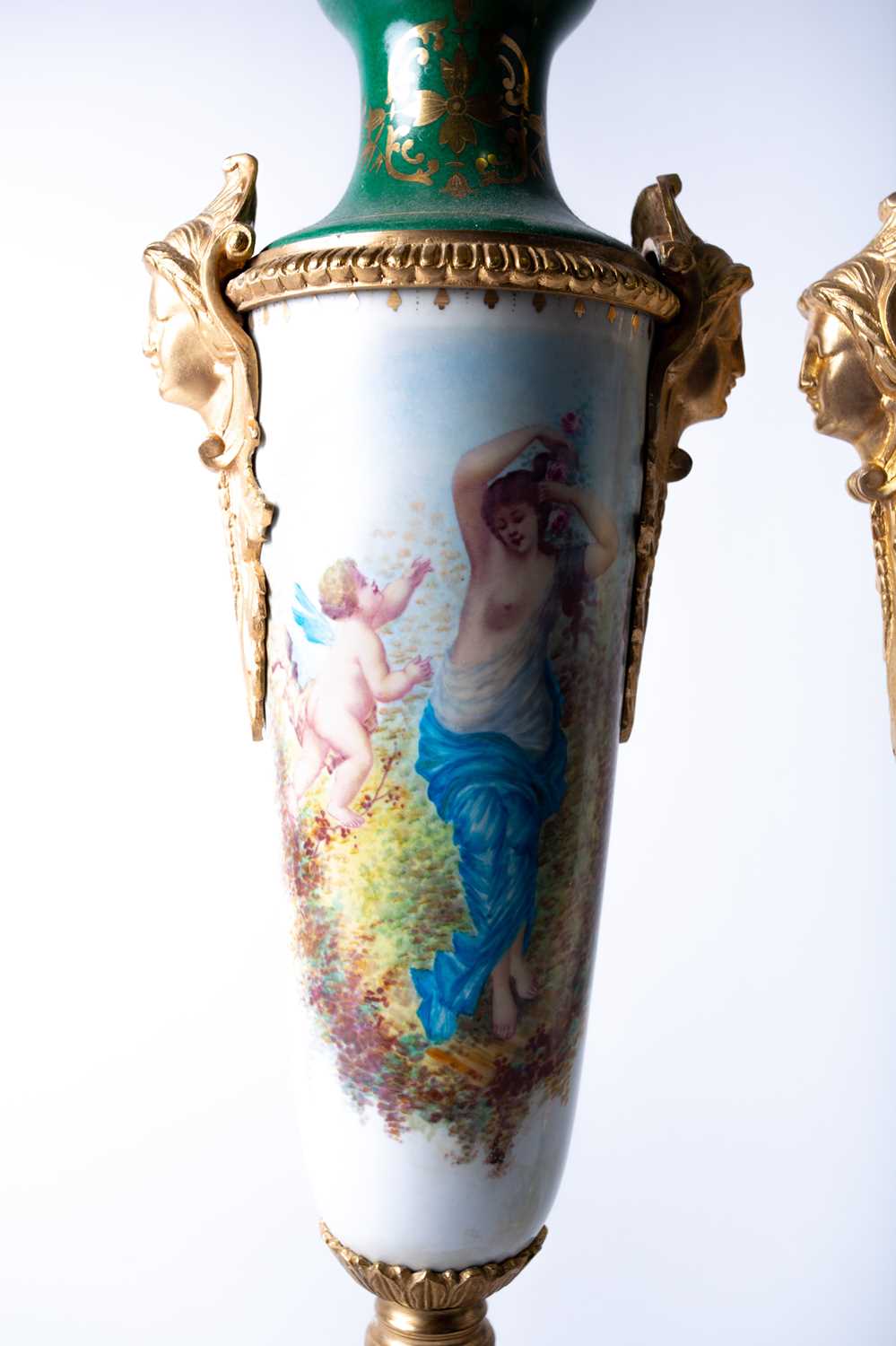 A pair of Sevres style porcelain vases and covers, the green painted covers with gilt flower - Image 4 of 7