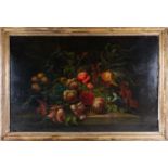 A large 19th century still life oil on canvas painting, possibly Dutch school, depicting a basket of