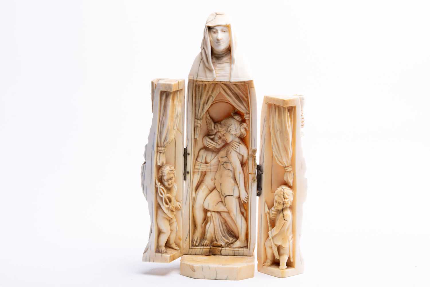 A 19th century Dieppe ivory carved triptych figure of a nun, her robes opening to reveal Classical - Image 2 of 12