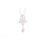 An openwork diamond drop pendant, set with round brilliant-cut diamonds, the lower pear-shaped