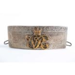 A Victorian silver mounted officer's cross belt pouch, mounted with a gilt metal VR cipher and