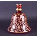 A cranberry flash glass huqqa pipe bowl, the bell shape body with engraved leaves between bands of