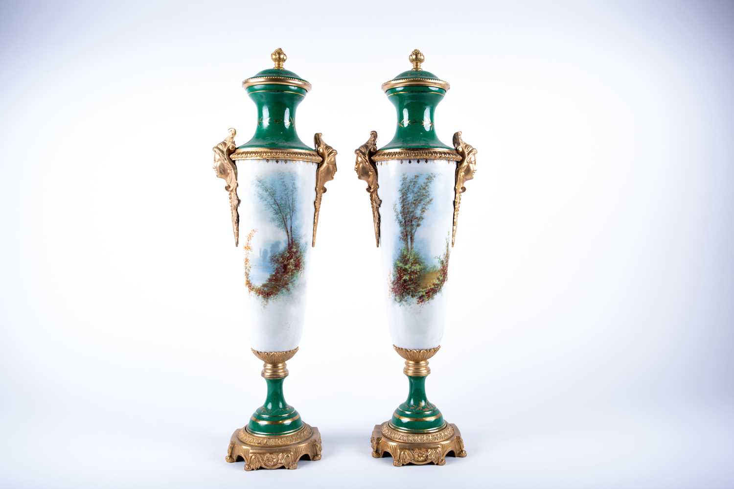 A pair of Sevres style porcelain vases and covers, the green painted covers with gilt flower - Image 2 of 7