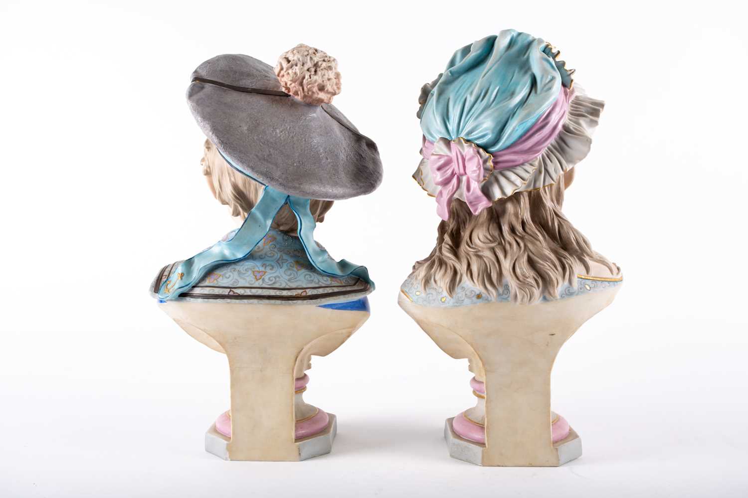 PAIR OF AWF KIRSTER, MOLLER GERMAN BISQUE PORCELAIN BUSTS, Designed by Reinhard Moller, painted in - Image 6 of 9