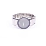 A Movado stainless steel wristwatch, the black dial with silvered roundel at 12 o'clock, on a