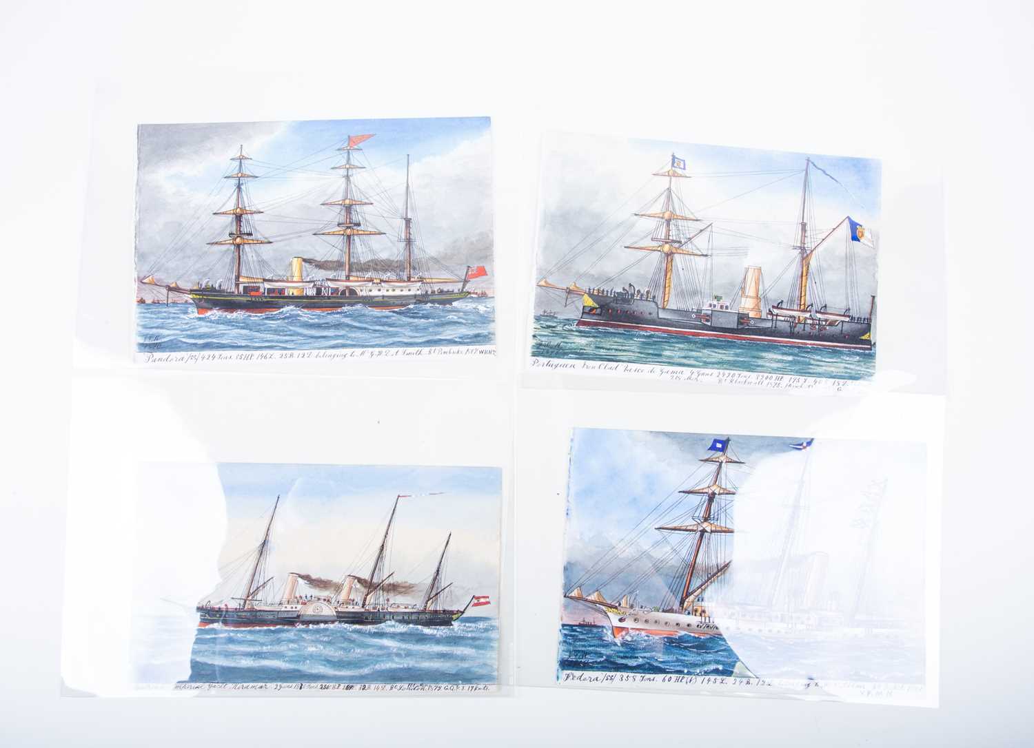 A group of four unframed maritime watercolours, late 19th century, each monogrammed 'JPH', depicting