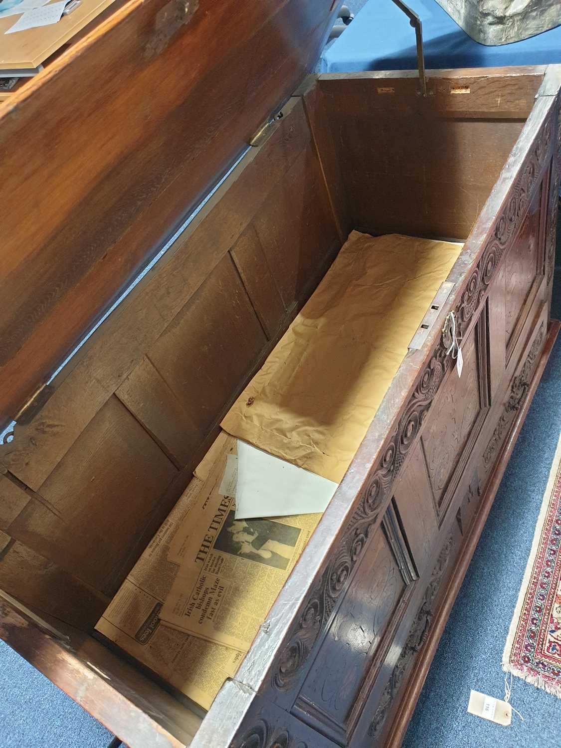 An 18th-century oak linen chest/coffer, the front with marquetry inlay and carved decoration with - Image 12 of 29