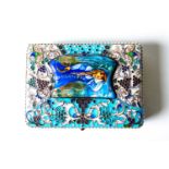 A Russian silver gilt and cloisonné enamel cigarette case, the cover with inset painted plaque,