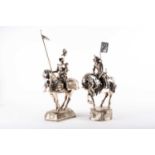 A pair of Italian silver knights on horseback, one depicting a Medieval jousting knight and the