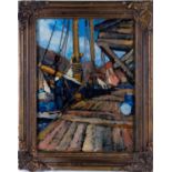 CARL ELDING (Swedish): Sailing boat in dock, oil on canvas, signed lower right, 37cm x 50cm
