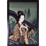 A Chinese reverse glass painting of a female beauty, 20th century, a bird resting upon the back of