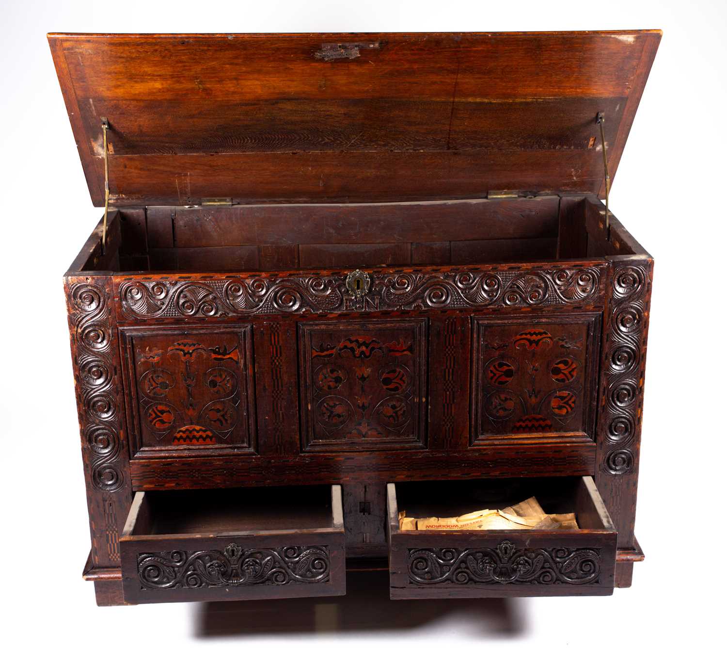 An 18th-century oak linen chest/coffer, the front with marquetry inlay and carved decoration with - Image 2 of 29