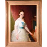 19th century English School, a portrait of a young woman, in a white lace dress with blue ribbons,