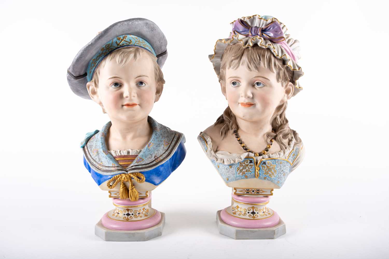 PAIR OF AWF KIRSTER, MOLLER GERMAN BISQUE PORCELAIN BUSTS, Designed by Reinhard Moller, painted in - Image 8 of 9