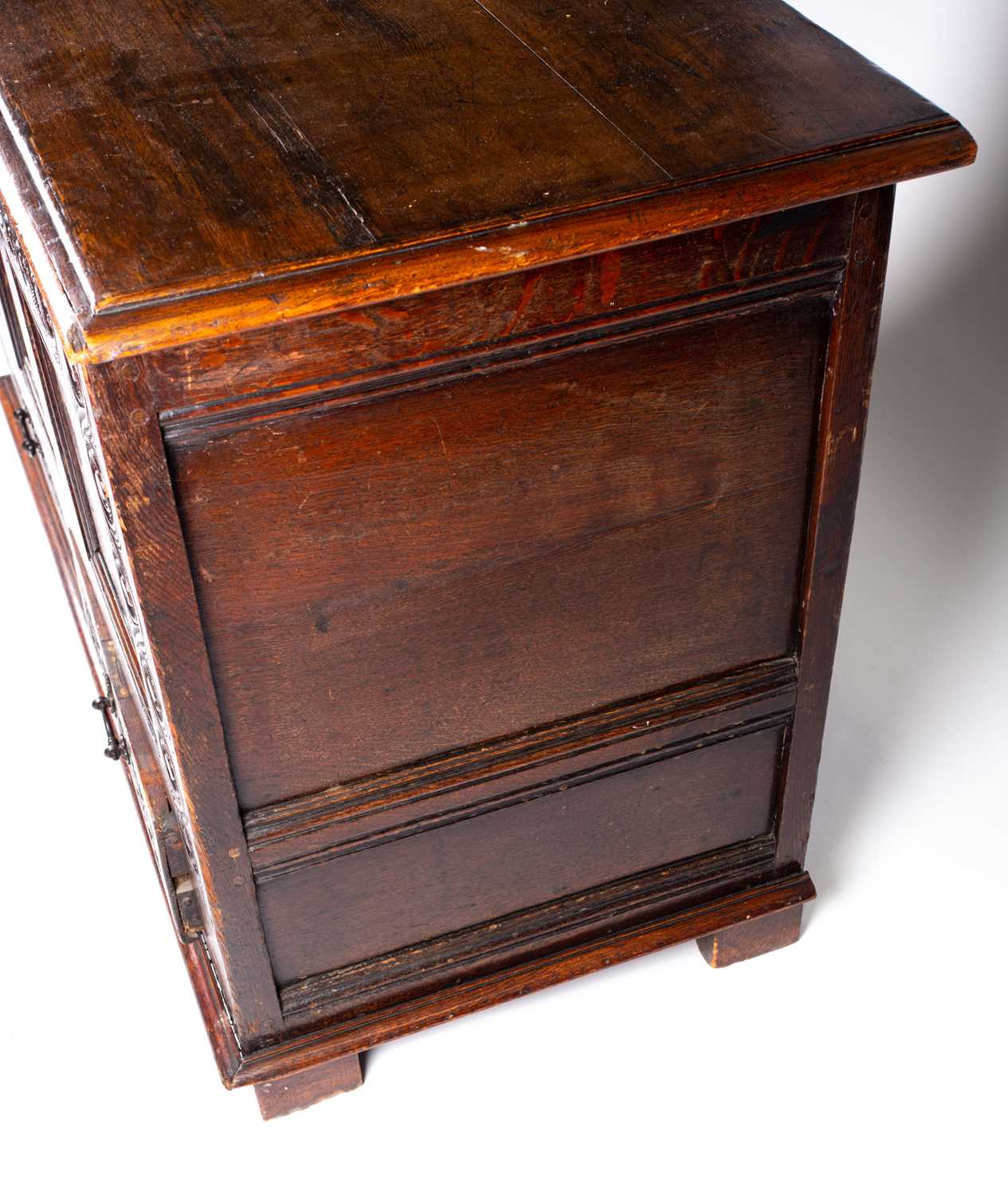 An 18th-century oak linen chest/coffer, the front with marquetry inlay and carved decoration with - Image 4 of 29