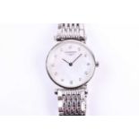 A Longines ladies stainless steel wristwatch, the circular mother-of-pearl dial with diamond