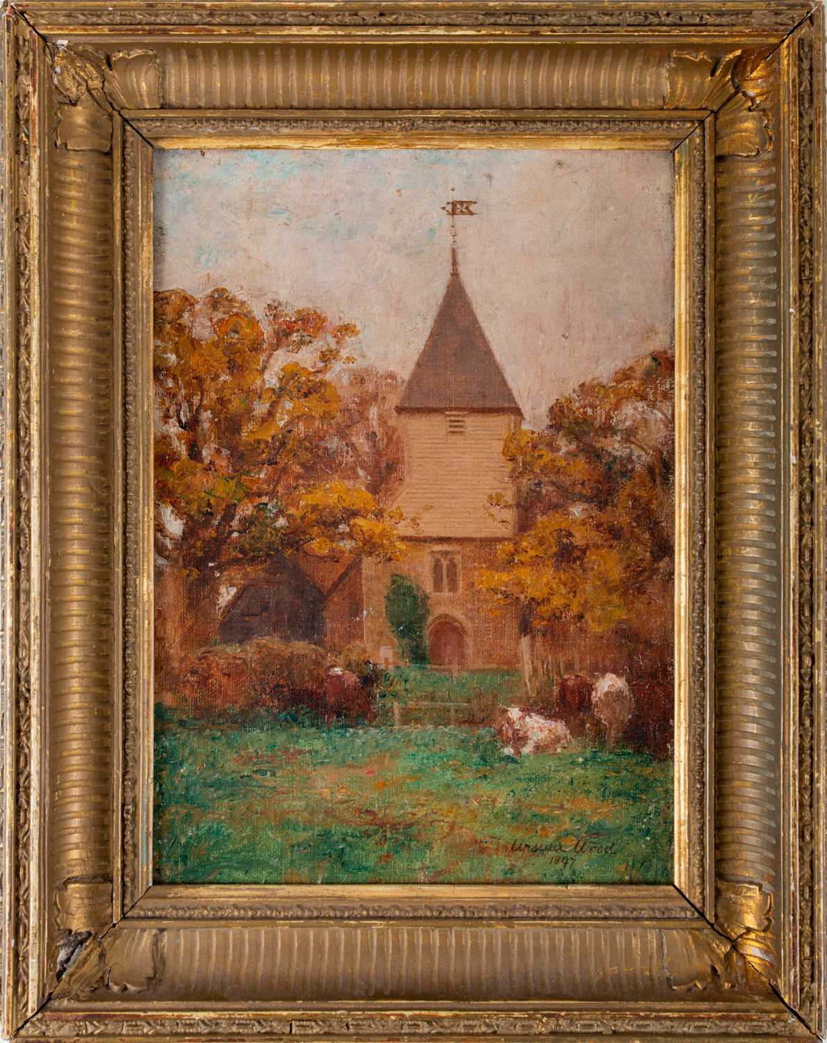 Ursula Wood (1868-1925) British, a rural church view, with cattle in a field to the foreground,