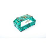 A Russian malachite box of sarcophagus form, with silver gilt and marcasite applied decoration, 5.