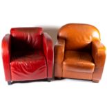 An Italian tan leather Art Deco club-style armchair together with another red leatherette example.