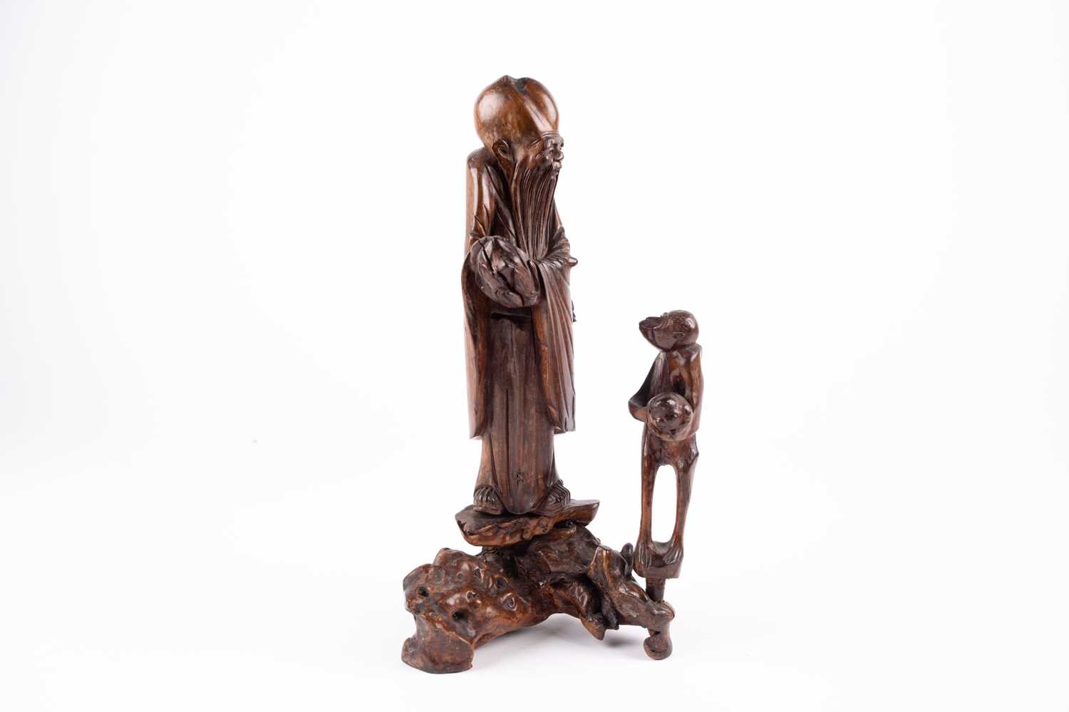 A Chinese carved wood figure of Shoulao and a Monkey, Qing, 中国, 寿老与猴木雕像一件，清代，18世纪 18th century, - Image 4 of 4