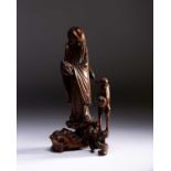 A Chinese carved wood figure of Shoulao and a Monkey, Qing, 中国, 寿老与猴木雕像一件，清代，18世纪 18th century,