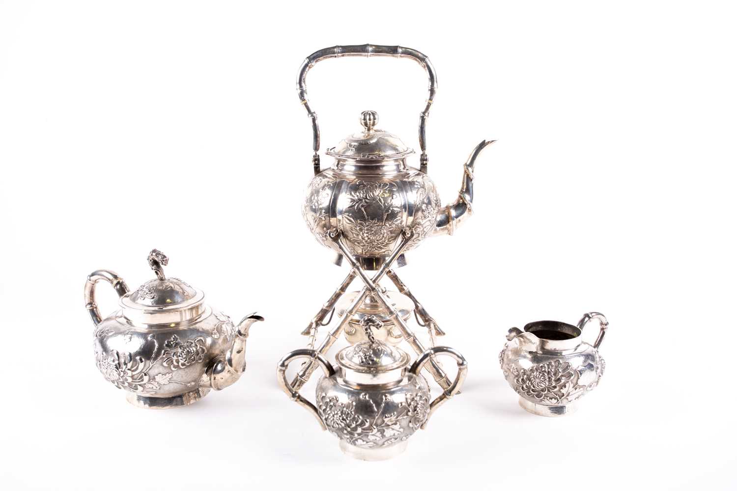 A Chinese four piece silver tea set by Yok Sang, 19th century, 中国， 四件‘翰生’银茶具一套，19世纪，“Yok Sang”和'翰生“