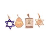 A group of four yellow metal Judaica charms, including a blue enamel Star of David, indistinct marks