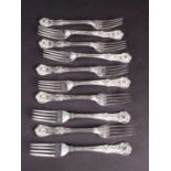 A set of ten Victorian silver Queen's oyster dessert forks, London 1854 by George Adams, 22 ozt.
