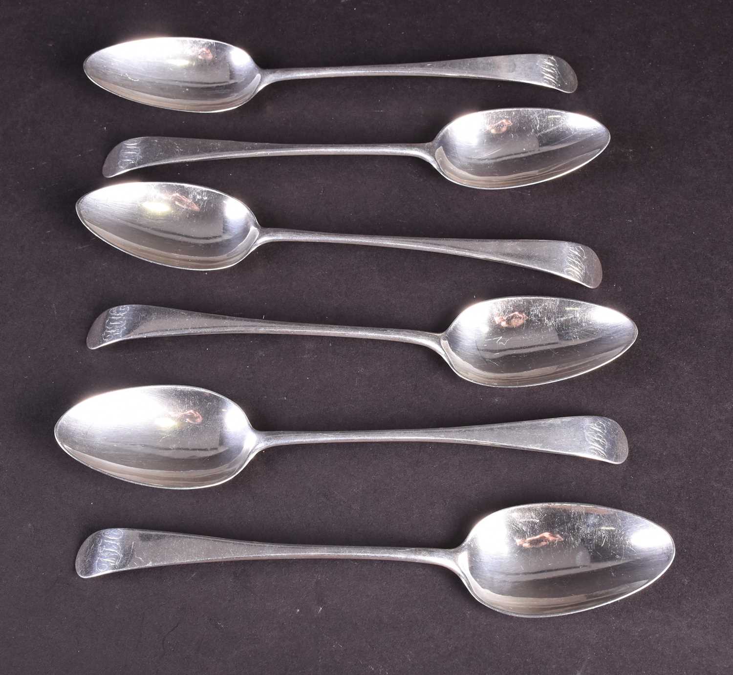 A set of six Scottish silver tablespoons, c.1800 by James Erskine, Aberdeen, 9.5 ozt. combined.