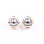 A pair of yellow gold, diamond, and Tahitian South Sea black pearl earrings, each with a pearl