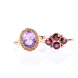 A 9ct rose gold and garnet ring, collet-set with four round-cut garnets, size P 1/2, together with a