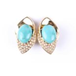 A pair of 18ct yellow gold, diamond, and turquoise coloured stone earrings, set wih oval cabochon