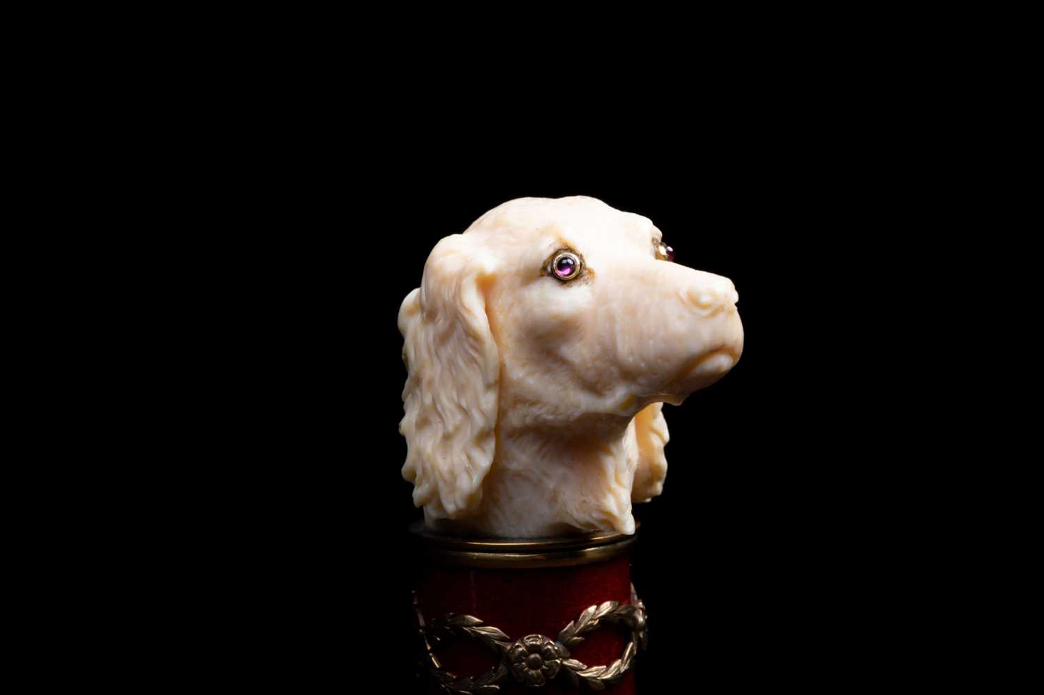 A Russian carved ivory parasol handle, well carved as a dog's head with ruby inset eyes set in - Image 3 of 5