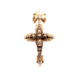 A 19th century Continental yellow metal, pearl, and enamel cross-shaped pendant, inset with rose-cut