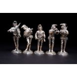 A group of five Spanish silver figures of musicians, 20th century, each dressed as minstrels