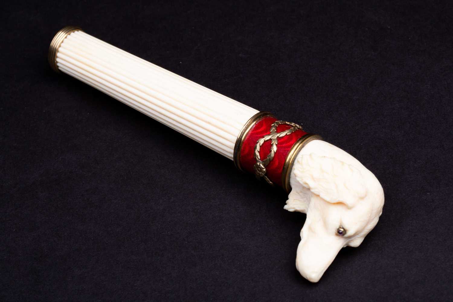 A Russian carved ivory parasol handle, well carved as a dog's head with ruby inset eyes set in - Image 2 of 5