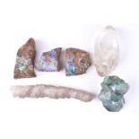 Three rough boulder opal fragments, largest approximately 4 x 1.8 cm, together with a white quartz
