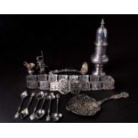 A mixed group of silver items, comprising a sugar sifter, a belt, playing card themed spoons, two