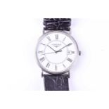 A Longines stainless steel quartz wristwatch, the white dial with black Roman numerals, and date