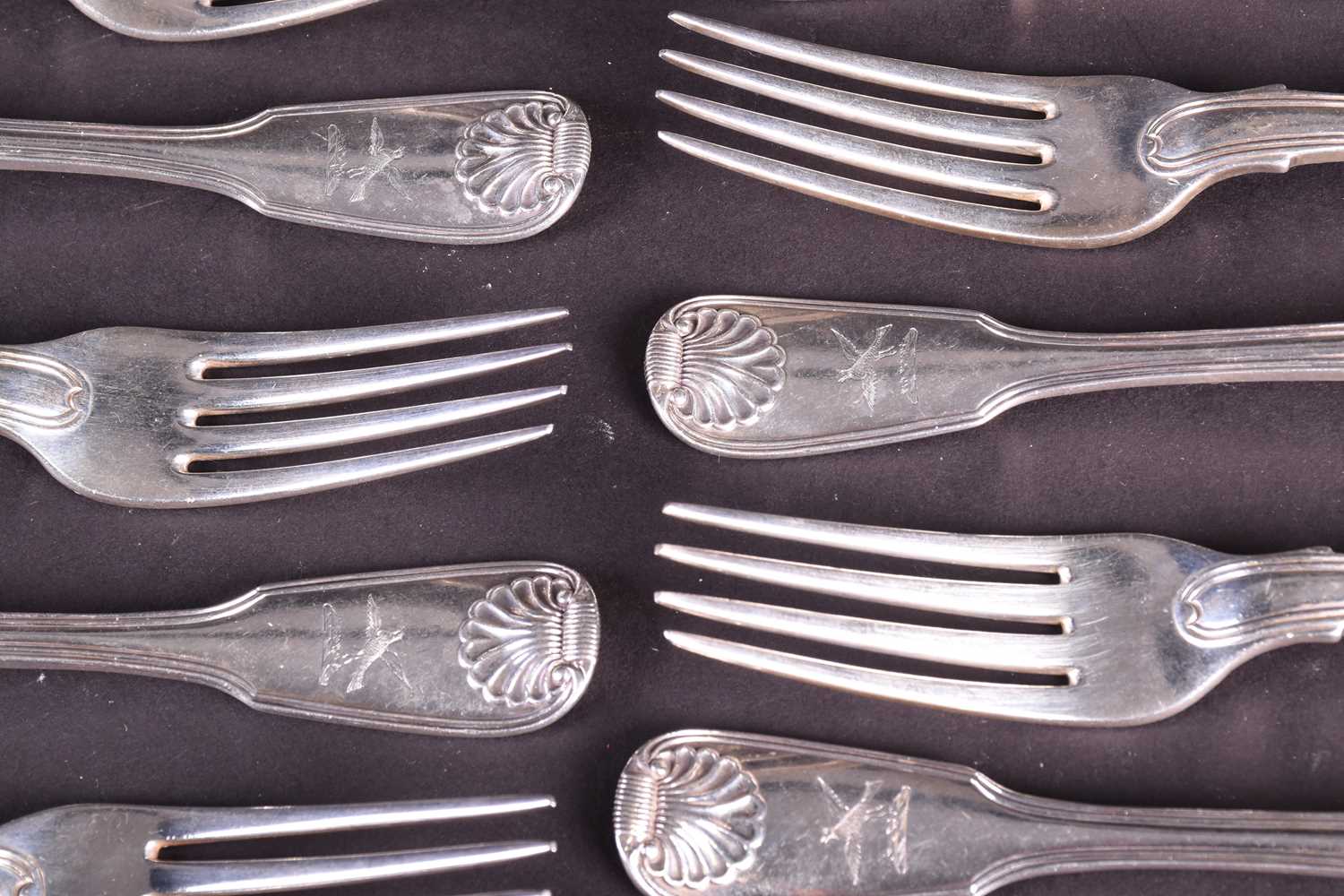 A set of twelve George III silver table forks, London 1819 by William Chawner, fiddle pattern with - Image 3 of 3