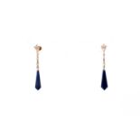 A pair of early 20th century diamond and lapis lazuli drop earrings, the trefoil mounts set with