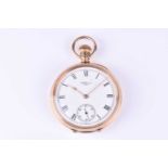 A Waltham 9ct yellow gold pocket watch, the white enamel dial with black Roman numerals and