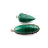 A yellow metal mounted malachite brooch, the smooth elongated malachite within a millegrain and