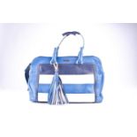 A ladies blue leather Missoni handbag, with dark blue and pink striped decoration, double zip,