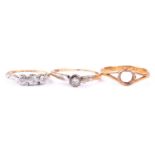 An 18ct yellow gold ring set with a small diamond accent (shank a/f), size N 1/2, together with a